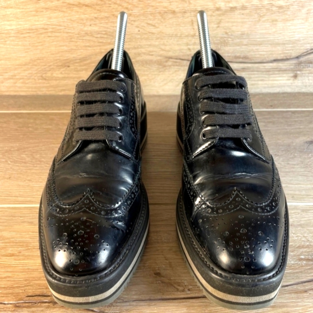 Prada Wingtip Brogue Oxford Platform Black  Patent Leather Shoes Size 38 - Picture 2 of 12